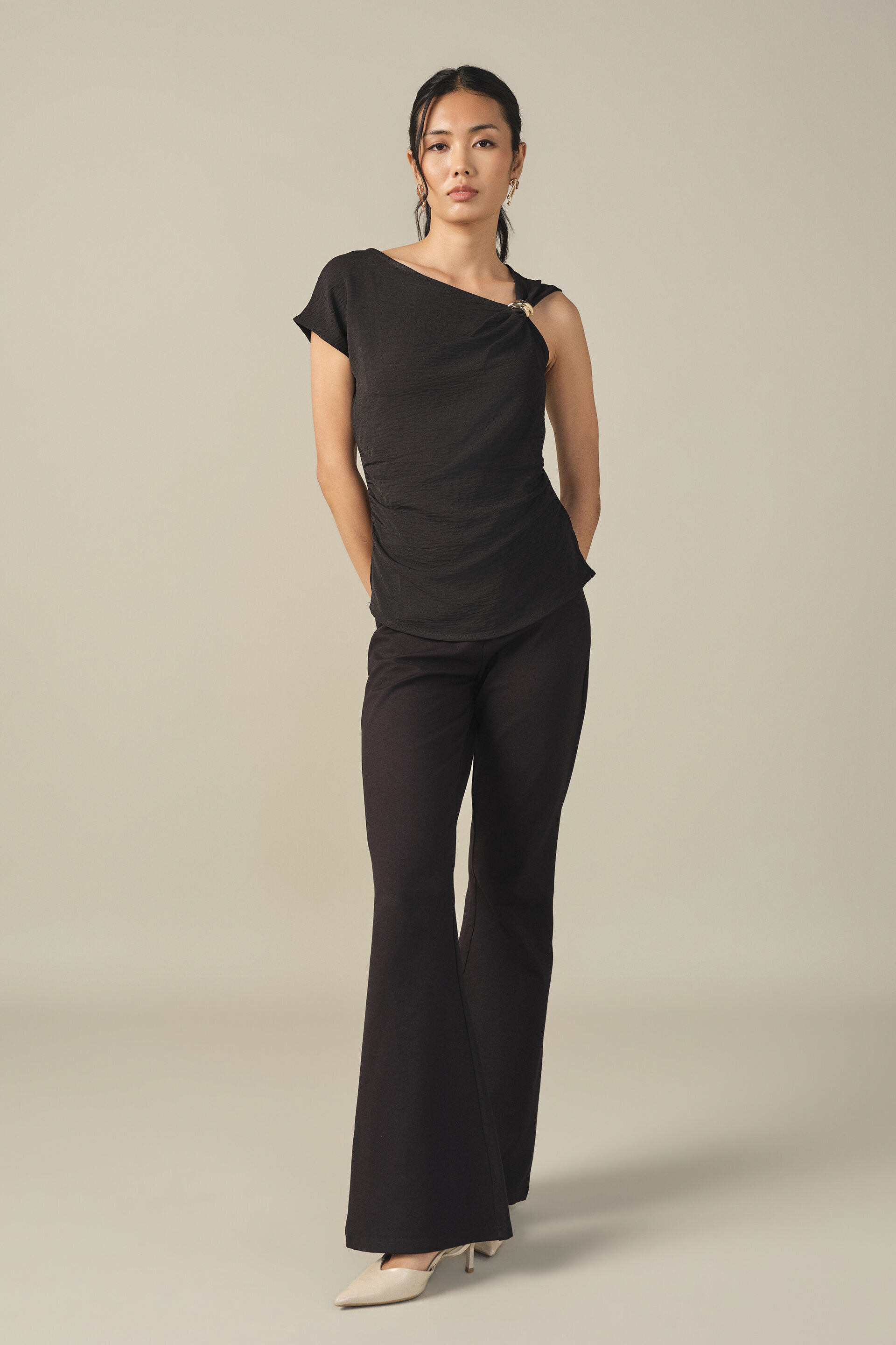 Solid Asymmetric Neckline Top in Black, Black, image 4